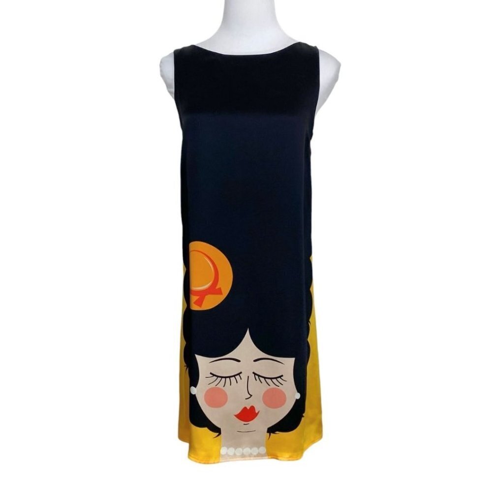 GIULIA ROSITANI 100% SILK WOMEN'S GRAPHIC FACE SLEEVELESS SHIFT DRESS - M